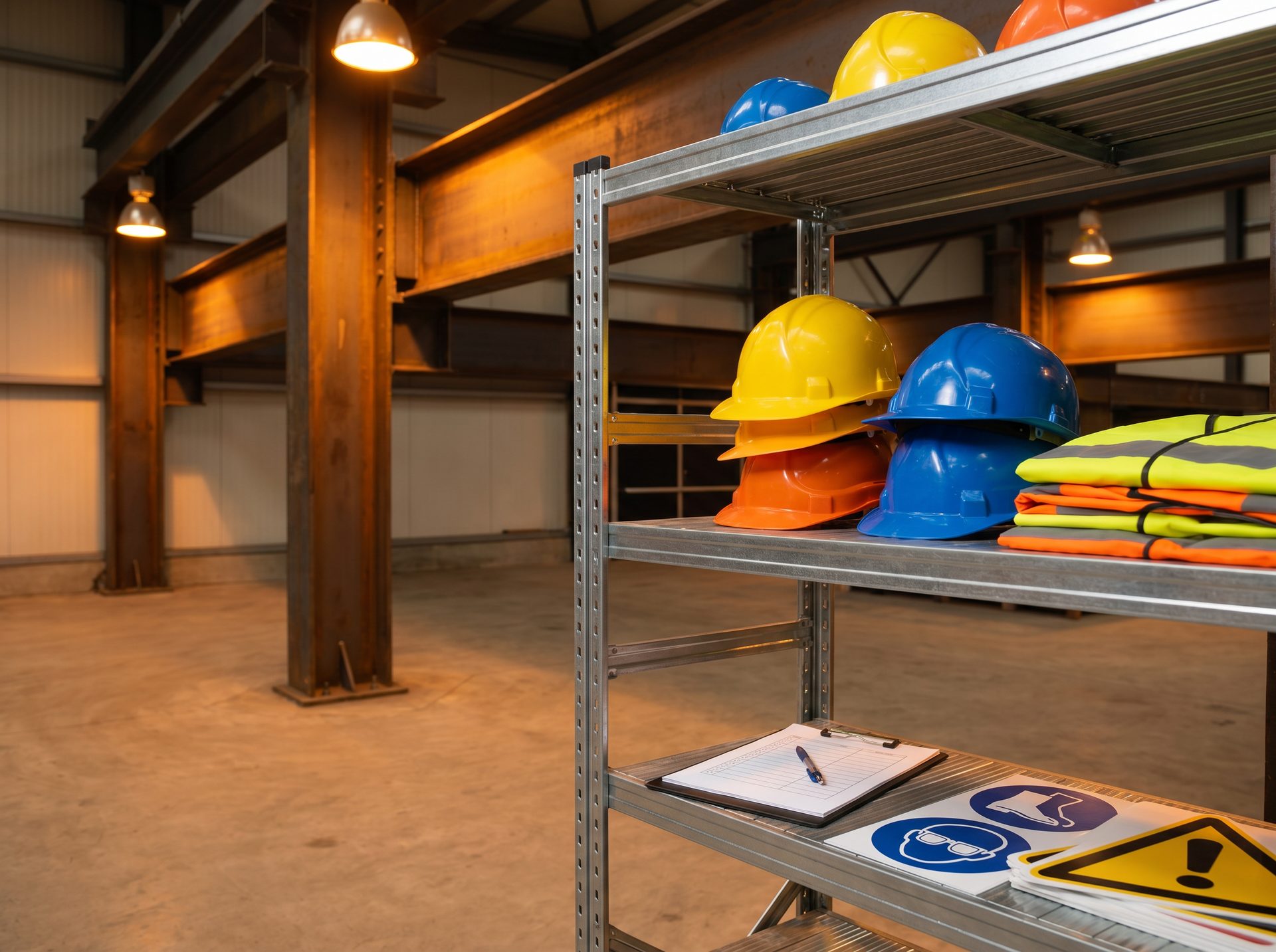 Industrial compliance and safety equipment including hard hats, safety vests, and signage on steel shelving
