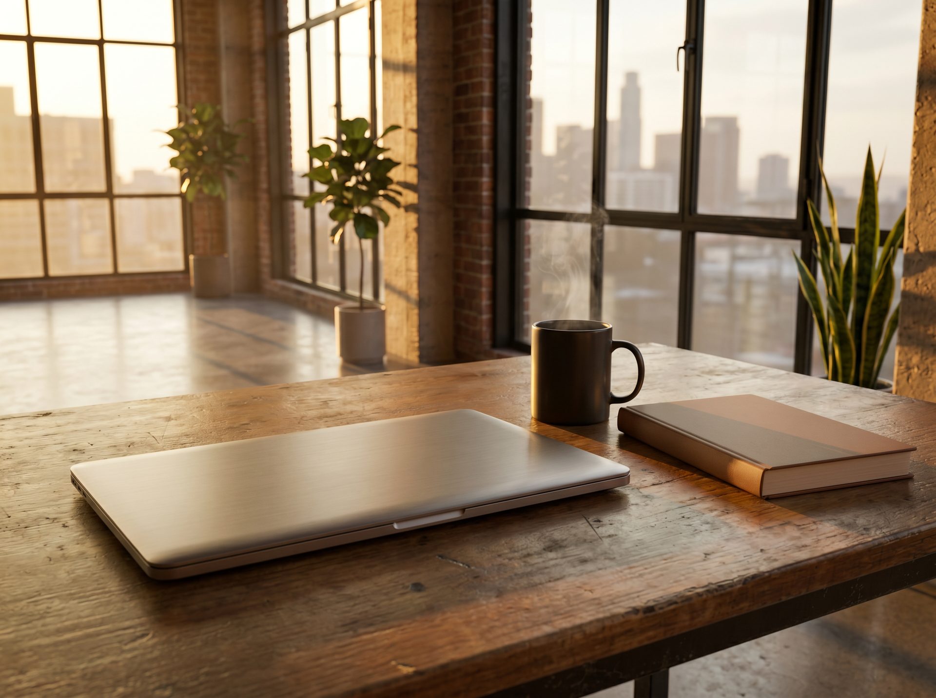 Modern startup office workspace with laptop, notebook, and steel-beam architectural details