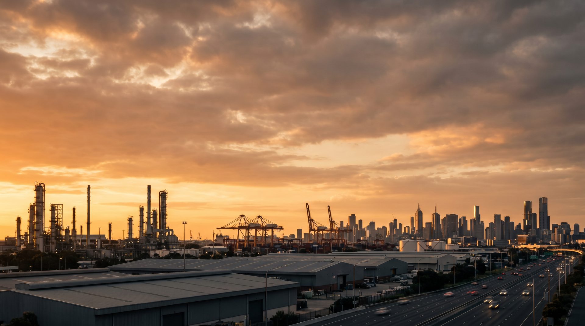 Industrial and commercial skyline of the Boom Belt Region at sunset, showing refineries, cranes, warehouses, and a city skyline along a highway corridor